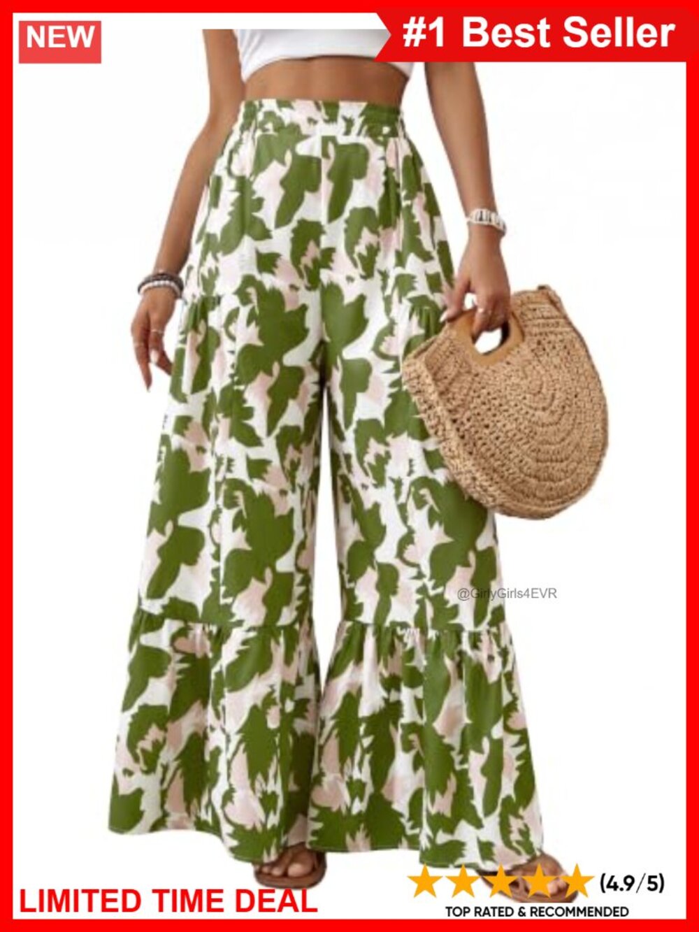 Wide Leg Palazzo Pants Elastic Waist Side Pockets Abstract Floral Trousers